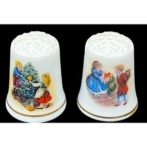 Vtg. Avon Christmas Thimbles Set Dated 1982 & 1984 Christmas Tree Porcelain